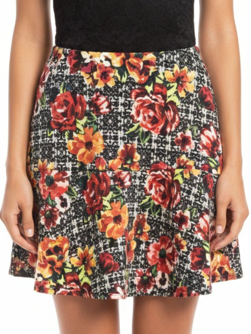 Xhilaration Floral Skater Mini Skirt Black White Flared Cute Zip Up Glam Sz M